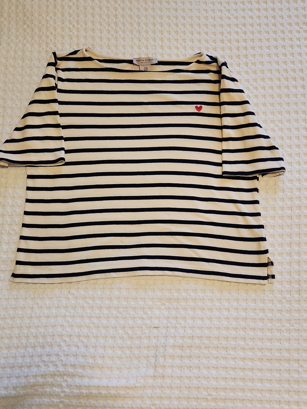 Martha Stewart Cream & Navy Striped Short-Sleeve Top with Red Heart